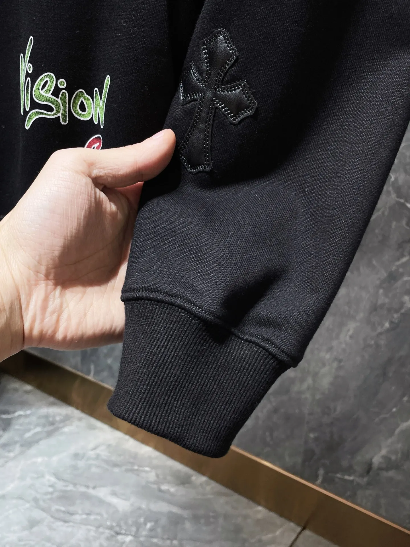 P276 Chrome Hearts Autumn and Winter 2025 Counter Synchronization Colorful cross patchwork leather Sanskrit hand-painted graffiti hooded sweatshirt Special customized version 1:1 high weight fabric Highest version Imported leather Recommended color: black gray Code number: S, M, L, XL